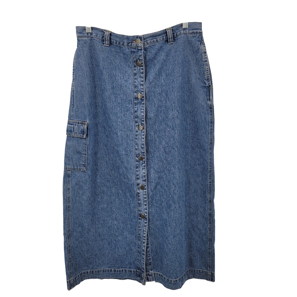 Vtg 90s Grunge Streetwear Boho Denim Button Front Cargo Maxi Jean Skirt‎ Sz XL